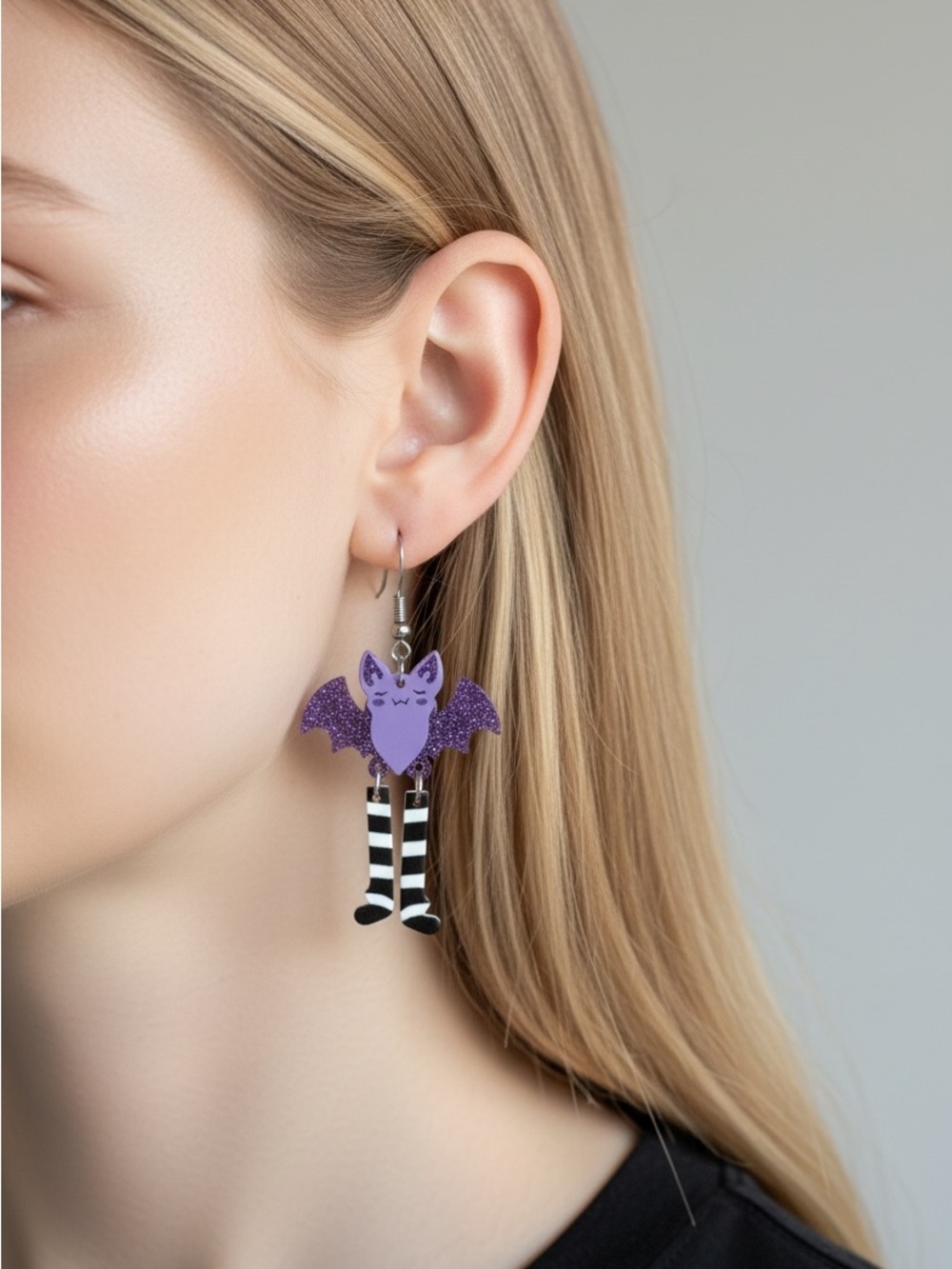 10/10 Purple Bat Drop Earrings for Kids - Cute Halloween Accessory